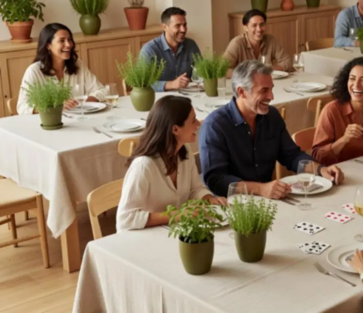 Ambiente mediterráneo luminoso con detalles en madera, lino y cerámica en una sala preparada para poker social.