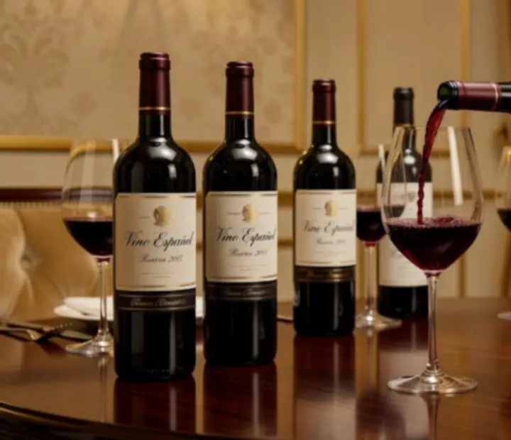 Selección de botellas de vino y copas sobre mesa de madera
