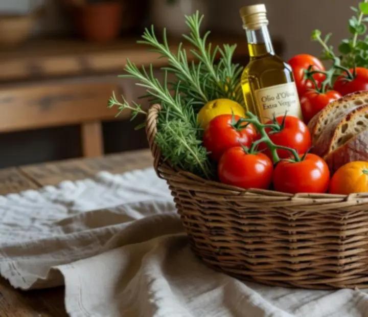Cesta con productos mediterráneos frescos como tomates, cítricos, hierbas y aceite de oliva.
