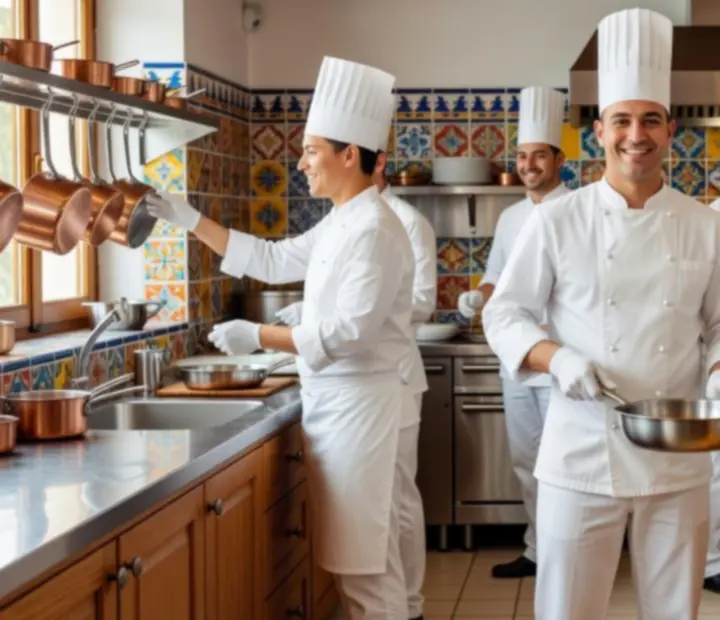 Equipo de chefs trabajando en una cocina elegante con guiños discretos a cartas sobre la mesa de pase.