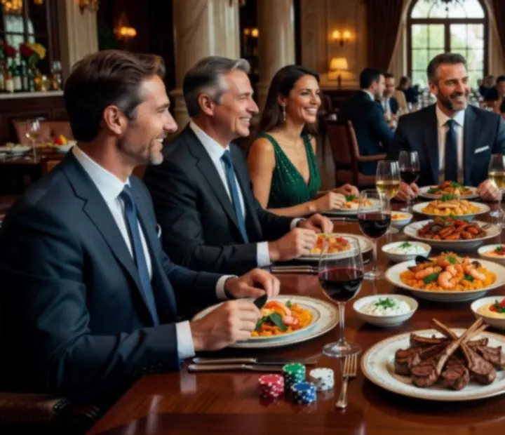 Grupo de comensales sonriendo durante una cena con temática de poker en un restaurante elegante.