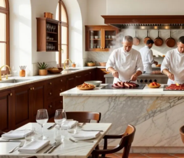 Cocina abierta luminosa con luz mediterránea y encimeras de mármol claro.
