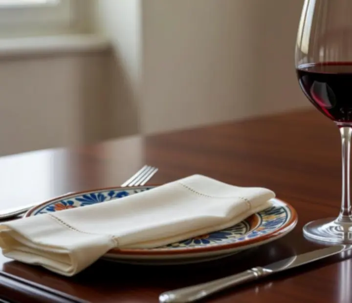 Copa de vino tinto reposando sobre una mesa elegante con cartas discretas al fondo.