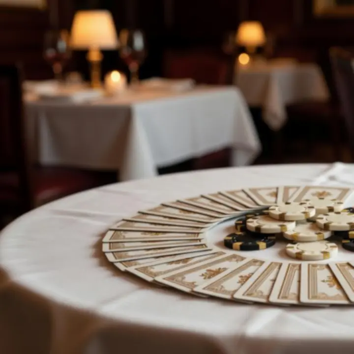 Detalles de una mesa de poker con vajilla artesanal, cartas y fichas de diseño en un entorno elegante.