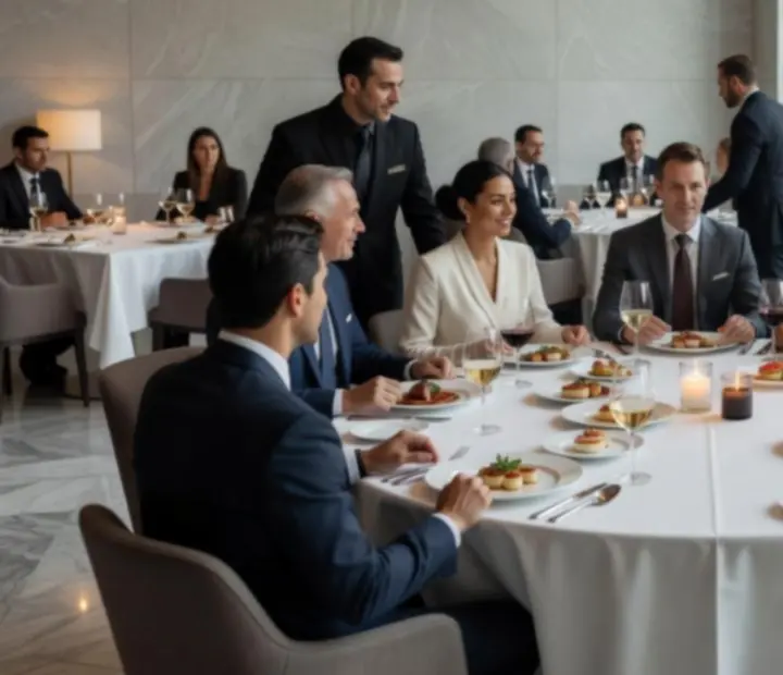 Grupo de profesionales compartiendo un evento corporativo en un sal&oacute;n elegante de Tapeteymantel.