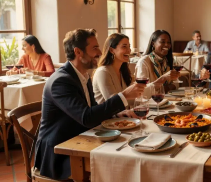 Grupo de personas sonriendo, compartiendo platos y brindando con vino en Tapeteymantel