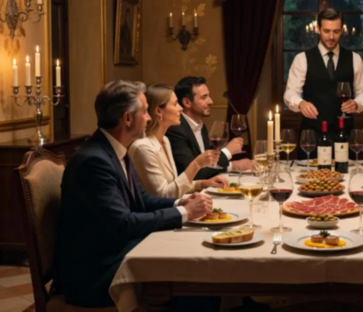 Copa de vino y platos mediterr&aacute;neos dispuestos para una cena maridaje en Tapeteymantel.