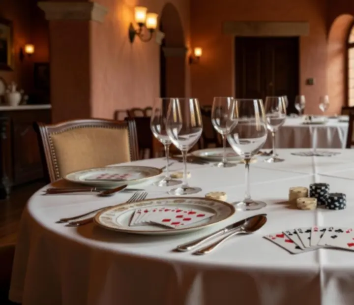 Mesa de restaurante con cartas y fichas simbólicas junto a copas de vino