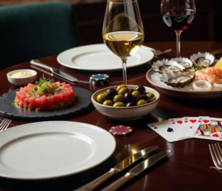 Platos mediterráneos y copas de vino junto a cartas de poker en una mesa refinada.