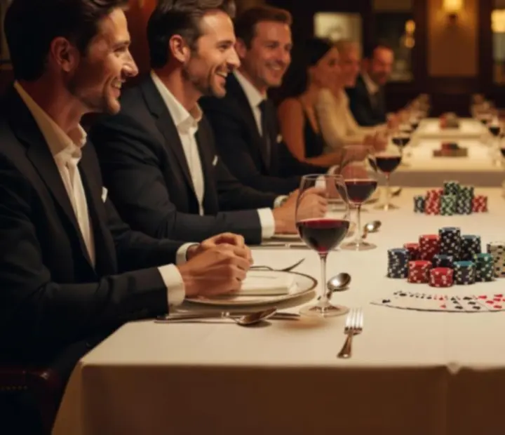 Mesa con cartas, fichas simbólicas, copas de vino y platos compartidos en un ambiente elegante