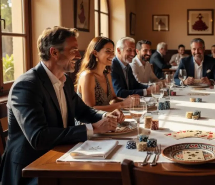 Mesa de restaurante elegante con cartas y fichas simbólicas durante una velada de poker gastronómico.