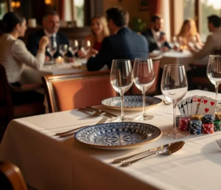 Mesa de restaurante elegante con cartas y copas de vino en una noche de poker social.