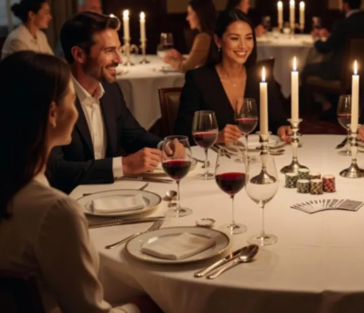 Mesa elegante con cartas y fichas simb&oacute;licas junto a copas de vino en Tapeteymantel.