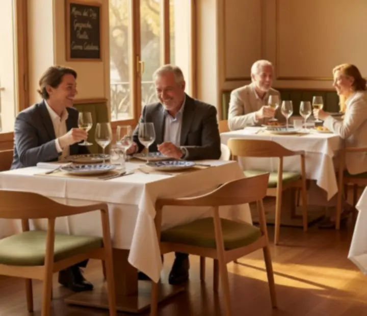 Salón luminoso de restaurante mediterráneo con manteles blancos y copas de vino
