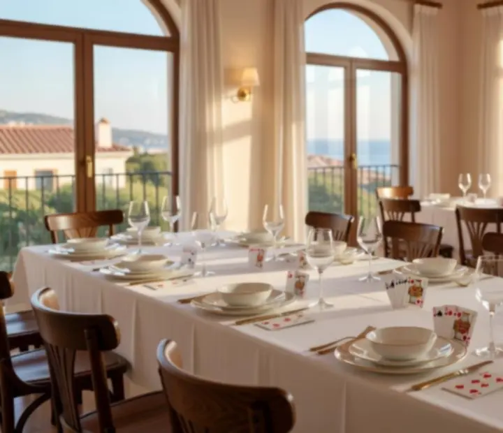 Sala privada luminosa con mesas vestidas en manteles blancos, copas de vino y detalles discretos de cartas.