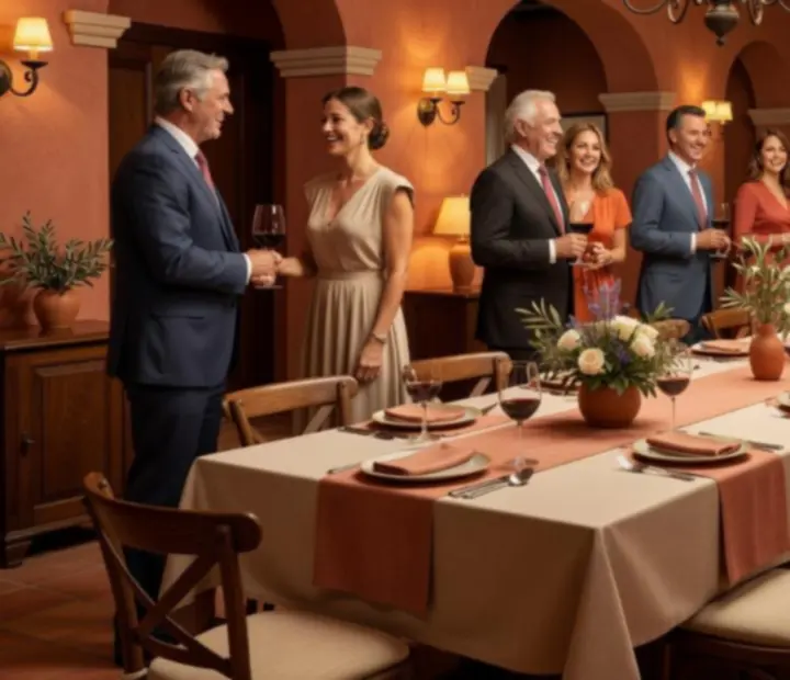 Sal&oacute;n privado de Tapeteymantel preparado para una cena de grupo con manteles blancos y detalles mediterr&aacute;neos.