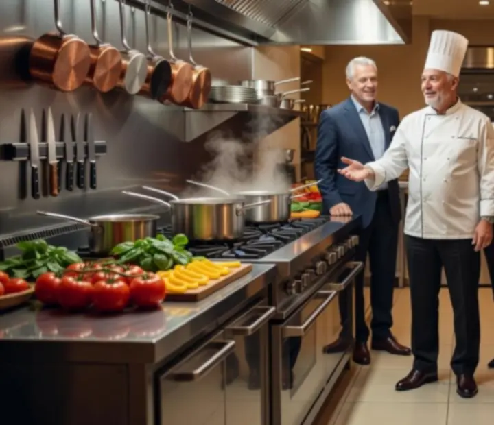 Grupo reducido visitando una cocina profesional impecable, guiados por un chef.